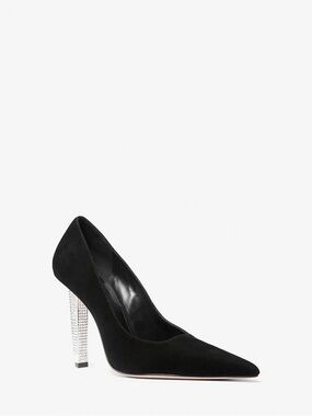 Michael Kors Black Halle Suede Pointed Toe Pump with Crystal Embellished Heel